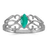 Certified 10k White Gold Marquise Emerald Filagree Ring 0.2 CTW
