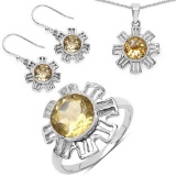 7.35 Carat Genuine Citrine .925 Sterling Silver Ring Pendant and Earrings Set