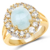 14K Yellow Gold Plated 6.72 Carat Genuine Aquamarine and White Topaz .925 Sterling Silver Ring