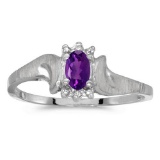 Certified 10k White Gold Oval Amethyst And Diamond Satin Finish Ring 0.19 CTW