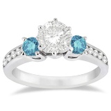 3 Stone White and Blue Diamond Engagement Ring 18K White Gold (1.15 ctw)
