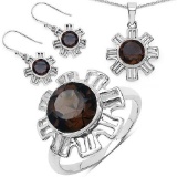 9.45 Carat Genuine Smoky Quartz .925 Sterling Silver Ring Pendant and Earrings Set