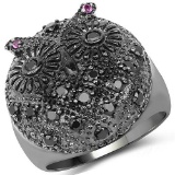 0.72 Carat Black Spinel and Created Ruby .925 Sterling Silver Ring