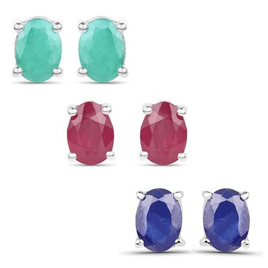 5.30 Carat Emerald Glass Filled Ruby and Glass Filled Sapphire .925 Sterling Silver Earrings