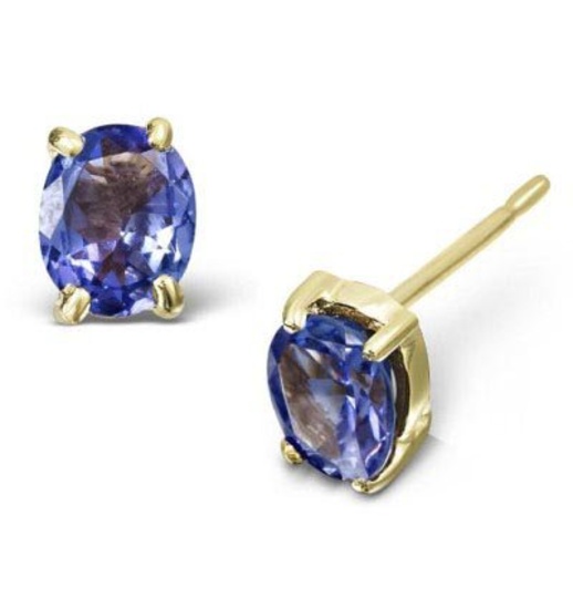 1 CARAT TW (2 PCS) NATURE TANZANITE 14K SOLID YELLOW GOLD EARRINGS