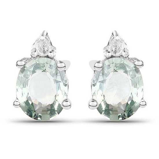 0.64 Carat Genuine Green Sapphire and White Diamond .925 Sterling Silver Earrings