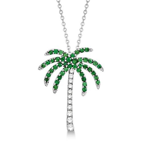 Tsavorite and Diamond Palm Tree Necklace 14k White Gold (0.30ct)