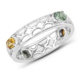 0.88 Carat Genuine Green Sapphire and Orange Sapphire .925 Sterling Silver Ring