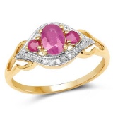 14K Yellow Gold Plated 0.76 Carat Genuine Ruby and White Diamond .925 Sterling Silver Ring