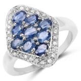 2.12 Carat Genuine Blue Sapphire and White Zircon .925 Sterling Silver Ring
