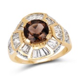 14K Yellow Gold Plated 4.18 Carat Genuine Smoky Quartz and White Topaz .925 Sterling Silver Ring