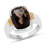 Two Tone Plated 5.51 Carat Genuine Smoky Quartz and White Topaz .925 Sterling Silver Ring