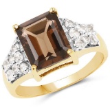 14K Yellow Gold Plated 3.61 Carat Genuine Smoky Quartz and White Topaz .925 Sterling Silver Ring
