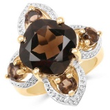 14K Yellow Gold Plated 5.92 Carat Genuine Smoky Quartz .925 Sterling Silver Ring