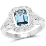 2.29 Carat Genuine London Blue Topaz and White Topaz .925 Sterling Silver Ring