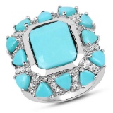 9.37 Carat Genuine Turquoise and White Topaz .925 Sterling Silver Ring