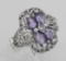 Antique Style Four Stone Amethyst & Diamond Filigree Ring Sterling Silver