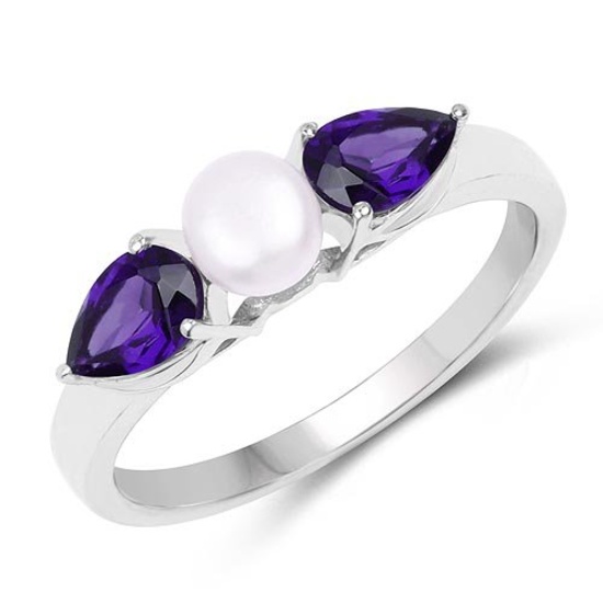 1.44 Carat Genuine Amethyst and Pearl .925 Sterling Silver Ring