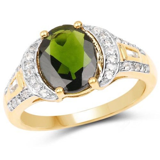 18K Yellow Gold Plated 2.79 Carat Genuine Chrome Diopside and White Topaz .925 Sterling Silver Ring