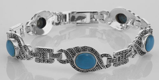 Classic Turquoise and Marcasite Bracelet - Large - Sterling Silver