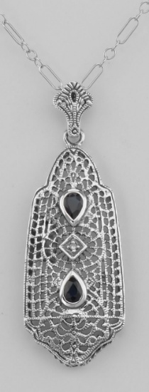 Art Deco Style Sapphire and Diamond Filigree Pendant - Sterling Silver