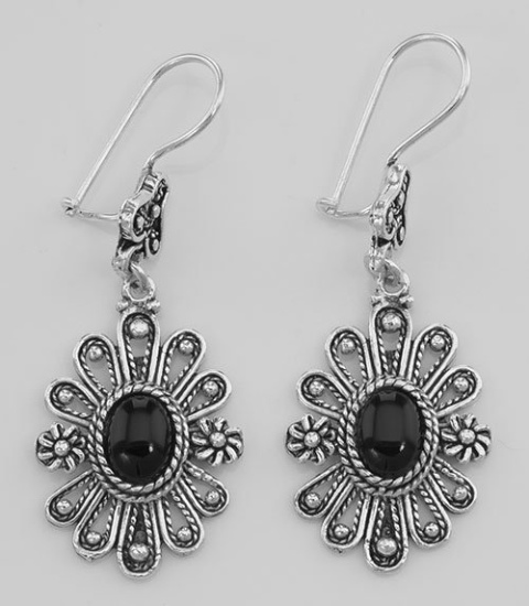 Antique Style Black Onyx Earrings with Flower Design - Sterling Silver