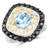 Two Tone Plated 2.85 Carat Genuine Swiss Blue Topaz and Black Spinel .925 Sterling Silver Ring