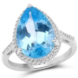 6.76 Carat Genuine Swiss Blue Topaz and White Topaz .925 Sterling Silver Ring