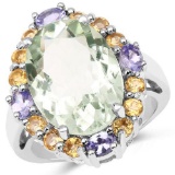9.42 Carat Genuine Green Amethyst Citrine and Tanzanite .925 Sterling Silver Ring