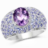 4.21 Carat Genuine Amethyst and Tanzanite .925 Sterling Silver Ring