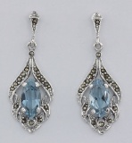 Antique Style Blue Topaz Marcasite Earrings Sterling Silver