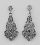 Sapphire Art Deco Style Filigree Drop Earrings - Sterling Silver