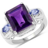 5.15 Carat Genuine Amethyst and Tanzanite .925 Sterling Silver Ring Ring