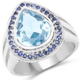 5.42 Carat Genuine Blue Topaz and Blue Sapphire .925 Sterling Silver Ring