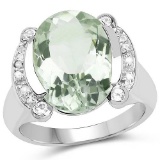 8.12 Carat Genuine Green Amethyst White Topaz and White Diamond .925 Sterling Silver Ring