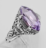 Antique Style Amethyst Filigree Ring - Sterling Silver