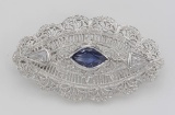 Beautiful Syn Blue Sapphire Filigree Pin / Brooch or Pendant Sterling Silver
