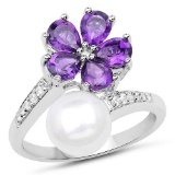 4.69 Carat Genuine Pearl Amethyst and White Zircon .925 Sterling Silver Ring