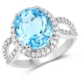 6.03 Carat Genuine Swiss Blue Topaz and White Topaz .925 Sterling Silver Ring