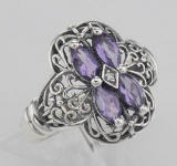 Antique Style Four Stone Amethyst & Diamond Filigree Ring Sterling Silver