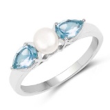 1.56 Carat Genuine Blue Topaz and Pearl .925 Sterling Silver Ring