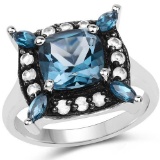 3.24 Carat Genuine London Blue Topaz and White Topaz .925 Sterling Silver Ring
