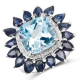 7.60 Carat Genuine Blue Topaz and Blue Sapphire .925 Sterling Silver Ring