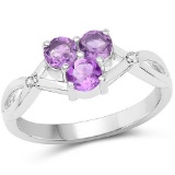 0.73 Carat Genuine Amethyst and White Diamond .925 Sterling Silver Ring