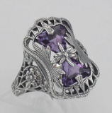 Art Deco Style Amethyst Filigree Ring with Flower Design - Sterling Silver