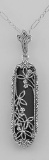 Art Deco Black Onyx Floral Filigree Pendant - Sterling Silver