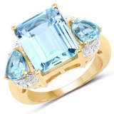 14K Yellow Gold Plated 8.80 Carat Genuine Blue Topaz .925 Sterling Silver Ring