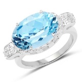 7.53 Carat Genuine Blue Topaz and White Diamond .925 Sterling Silver Ring