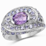 2.76 Carat Genuine Amethyst and Tanzanite .925 Sterling Silver Ring