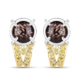 3.75 Carat Genuine Smoky Quartz Yellow Diamond and White Diamond .925 Sterling Silver Earrings